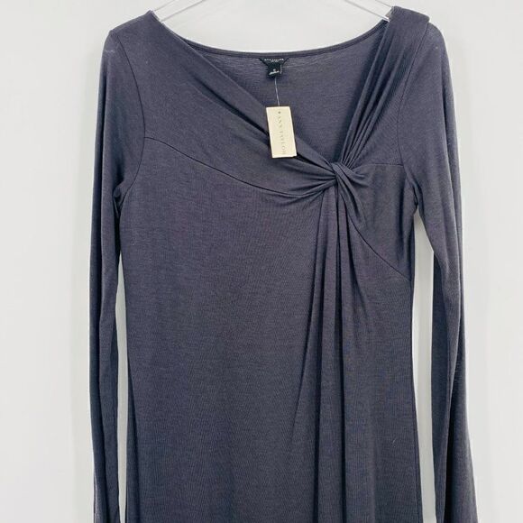 Ann Taylor Sz Small Charcoal Gray Long Sleeve Knotted Neckline Wool Blend Dress - Picture 2 of 8